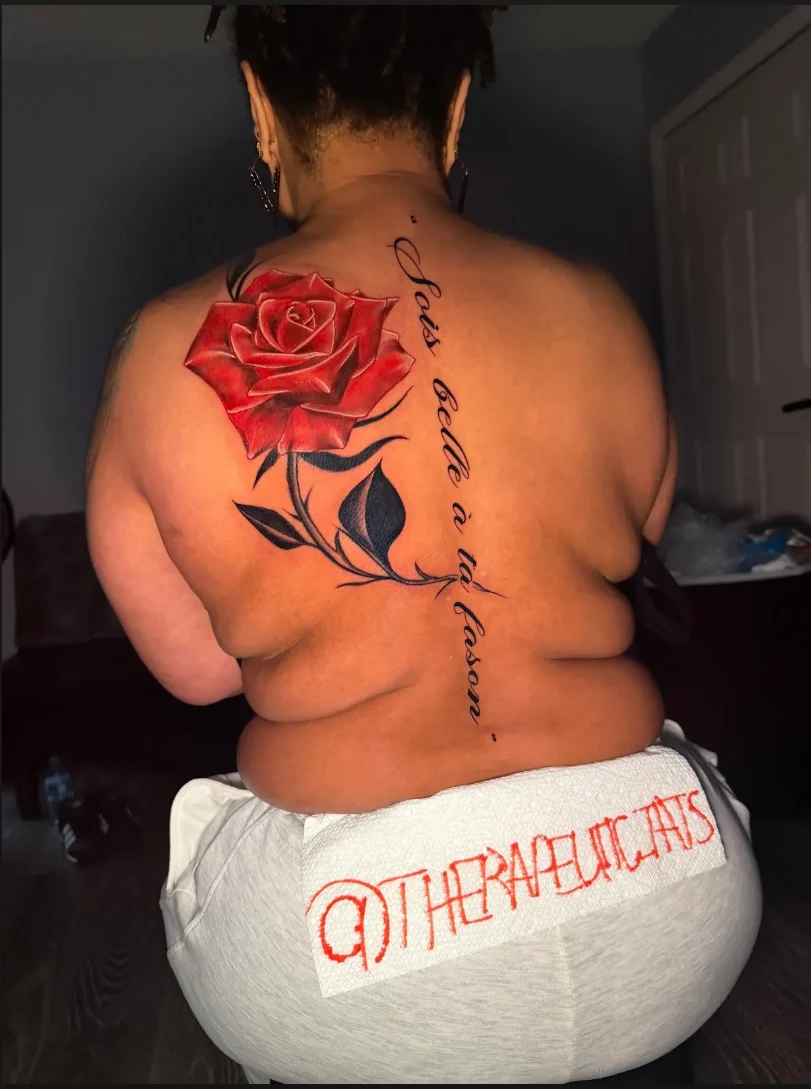 Red rose and script back tattoo by Hasan Ink
